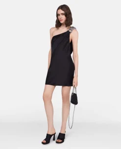 Falabella Crystal Chain Double Satin One-Shoulder Mini Dress