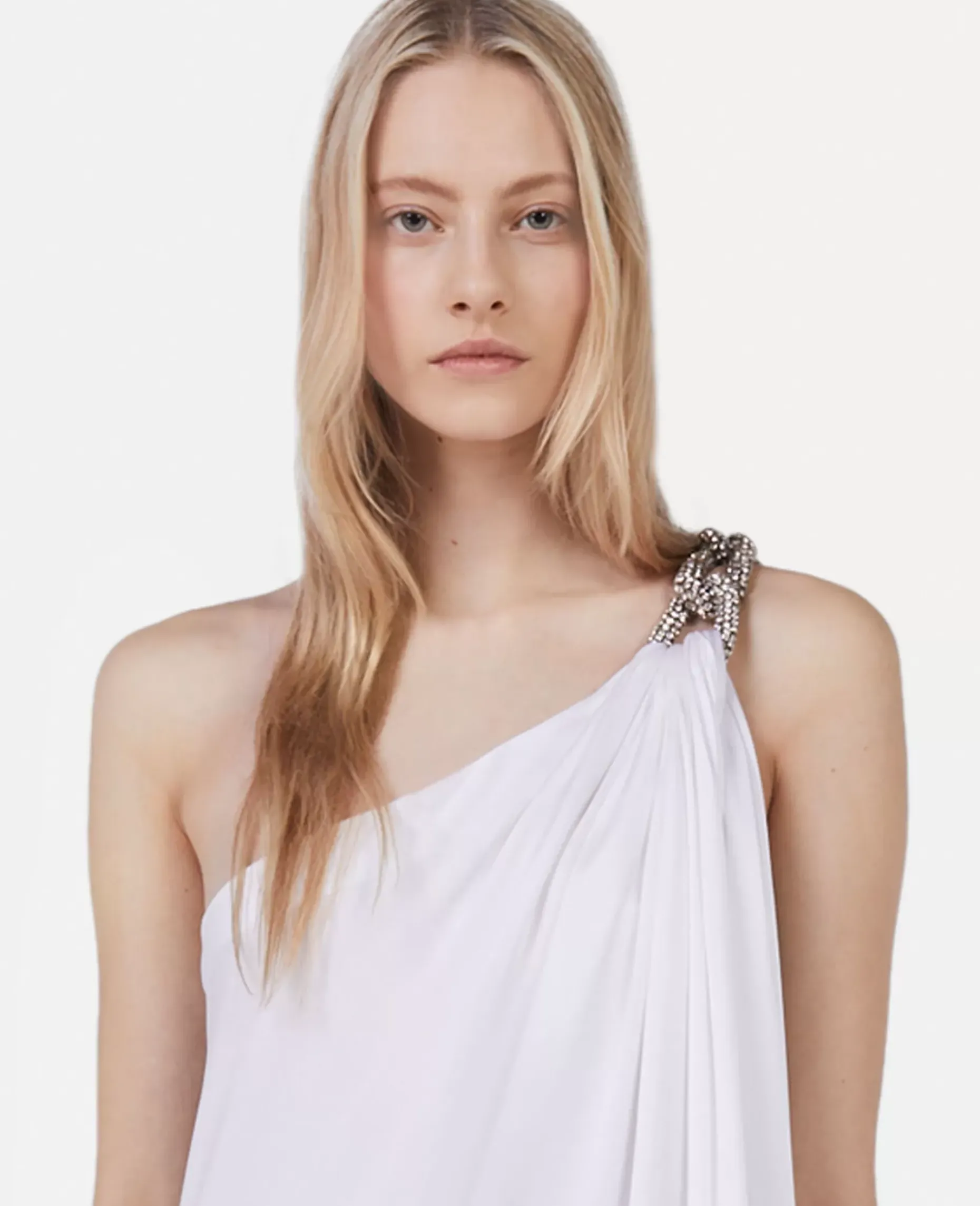 Falabella Crystal Chain Double Satin One-Shoulder Gown