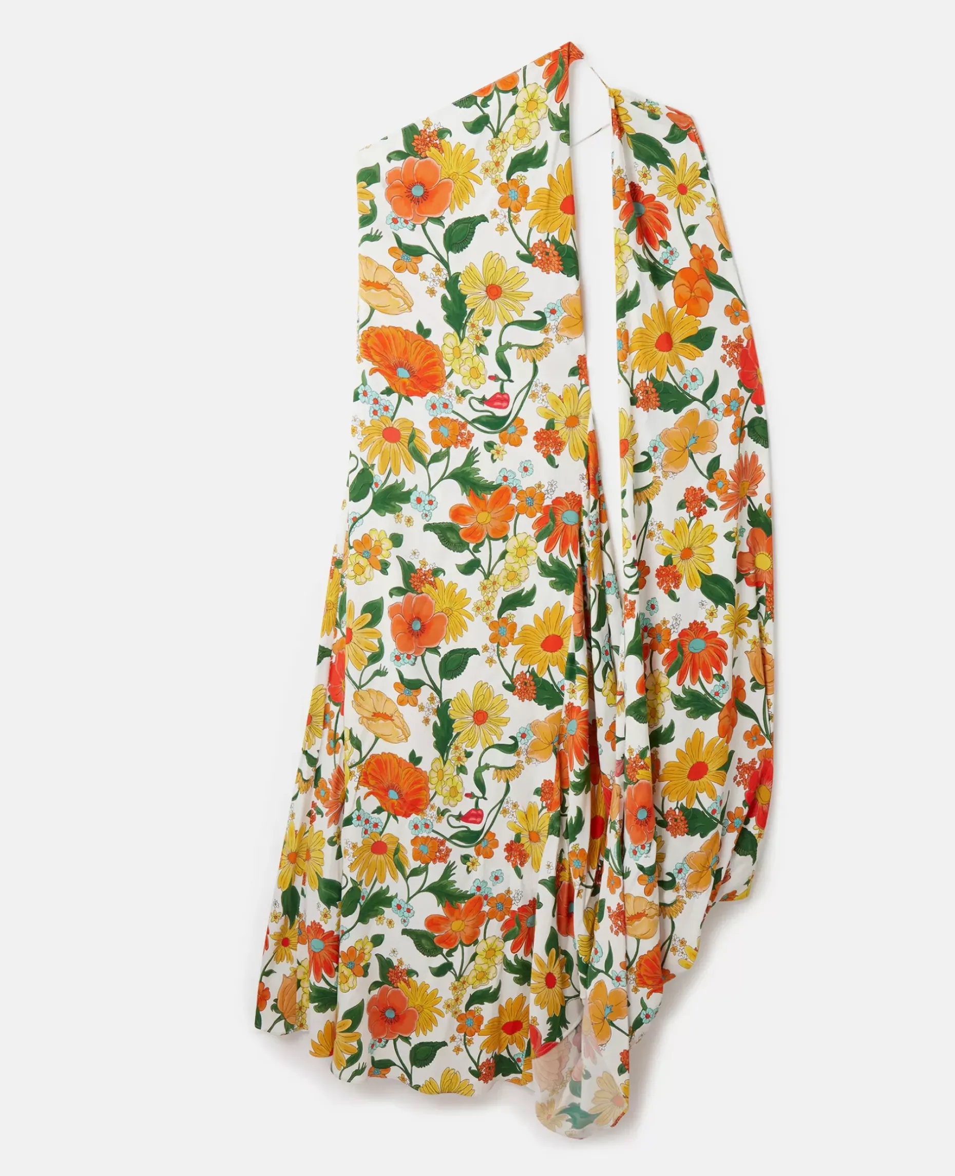 Lady Garden Print One-Shoulder Cape Gown