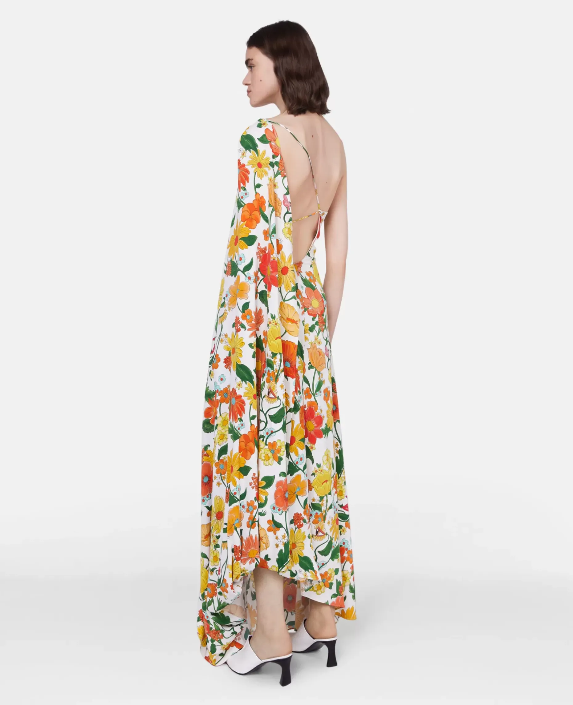 Lady Garden Print One-Shoulder Cape Gown