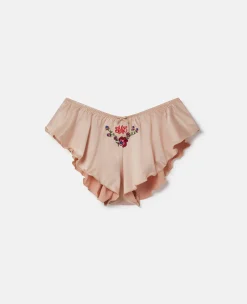 Love You' Embroidery Satin Flounce Sleep Shorts
