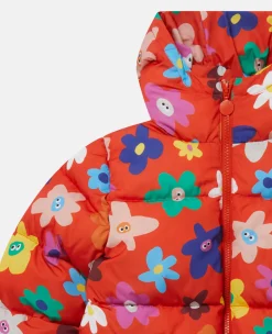 Smiling Flower Print Hooded Puffer Coat