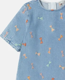 Striped Bow Embroidery Denim Dress