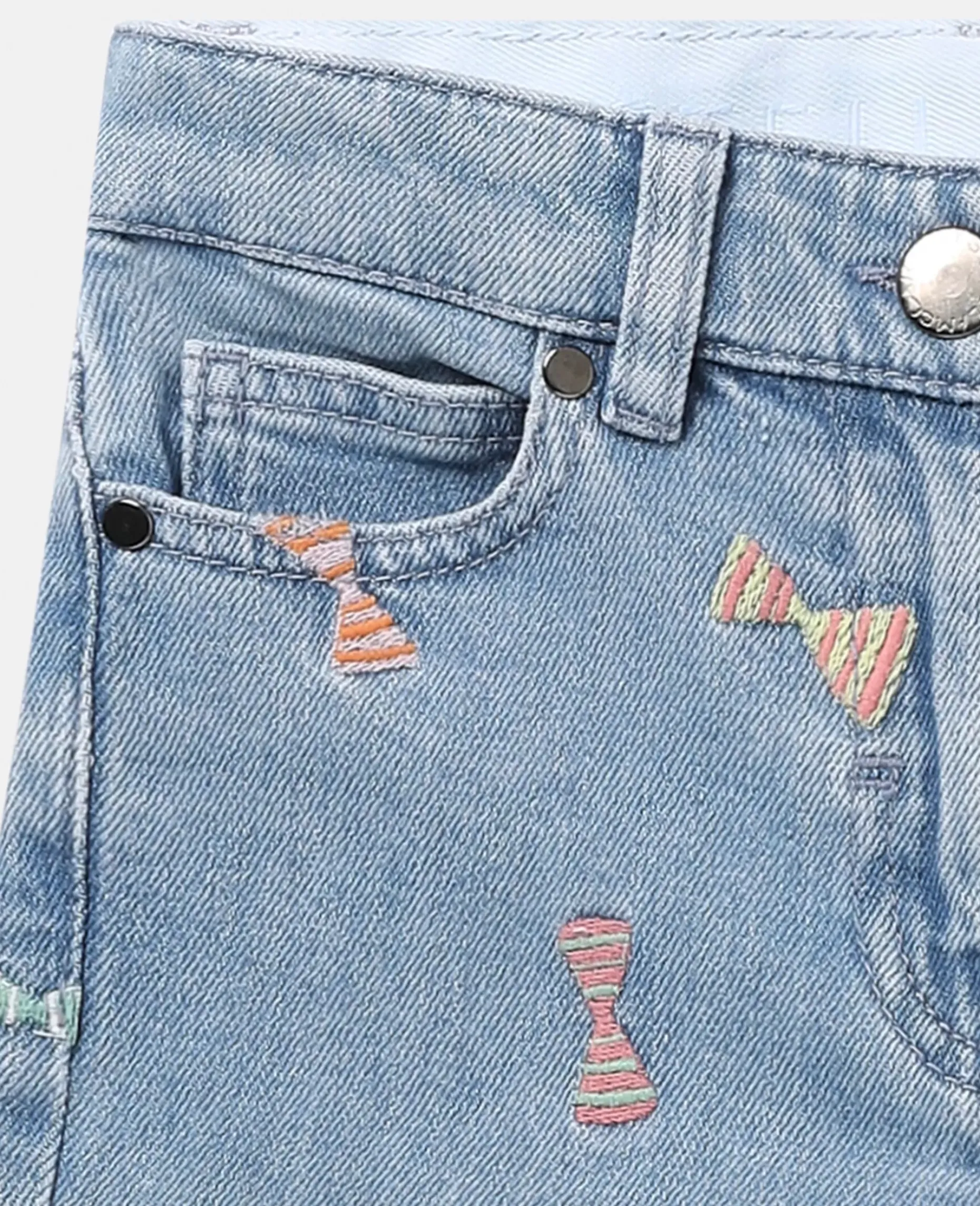 Striped Bow Print Denim Shorts
